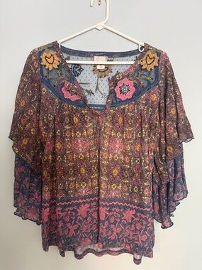 Anthropologie Floral Embroidered Boho Blouse in Pink and Blue